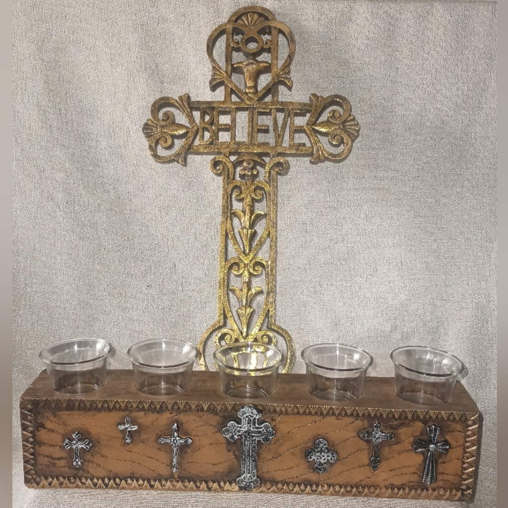 Wall Hanging Cross With A Mantle Brown Ornate Candle Holder with Cross Accents
